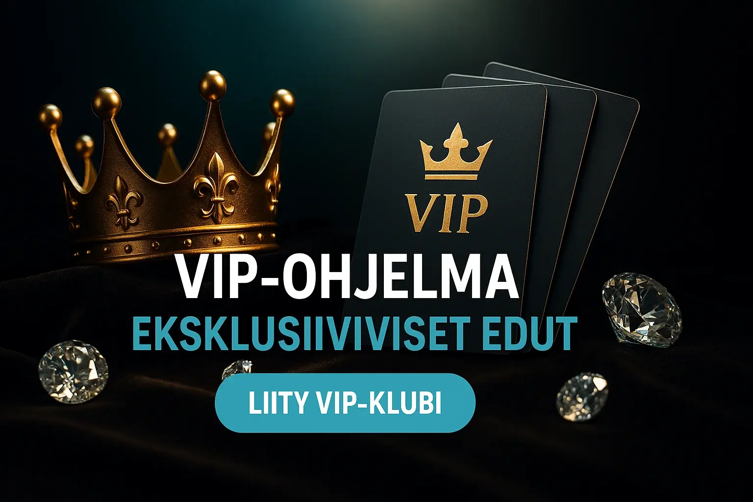 VIP-kasino banneri kruunulla, VIP-korteilla, timanteilla ja CTA-painikkeella