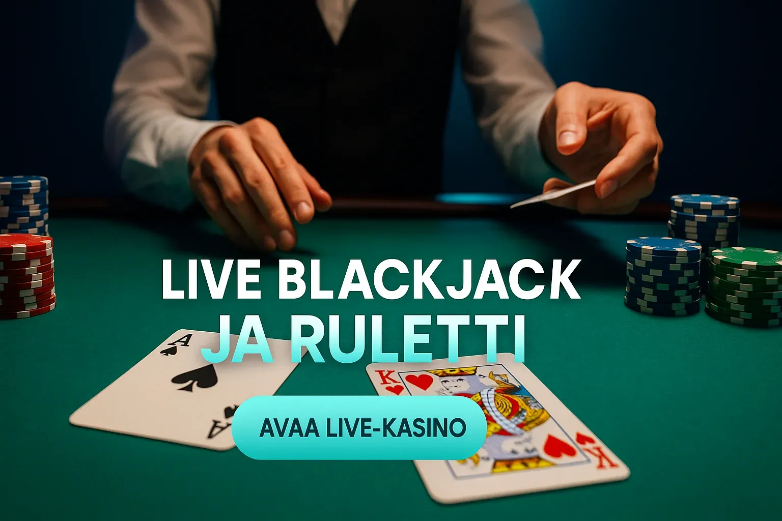 Fotorealistinen live blackjack -pöytä, ässä ja kuningas, pelimerkit ja CTA