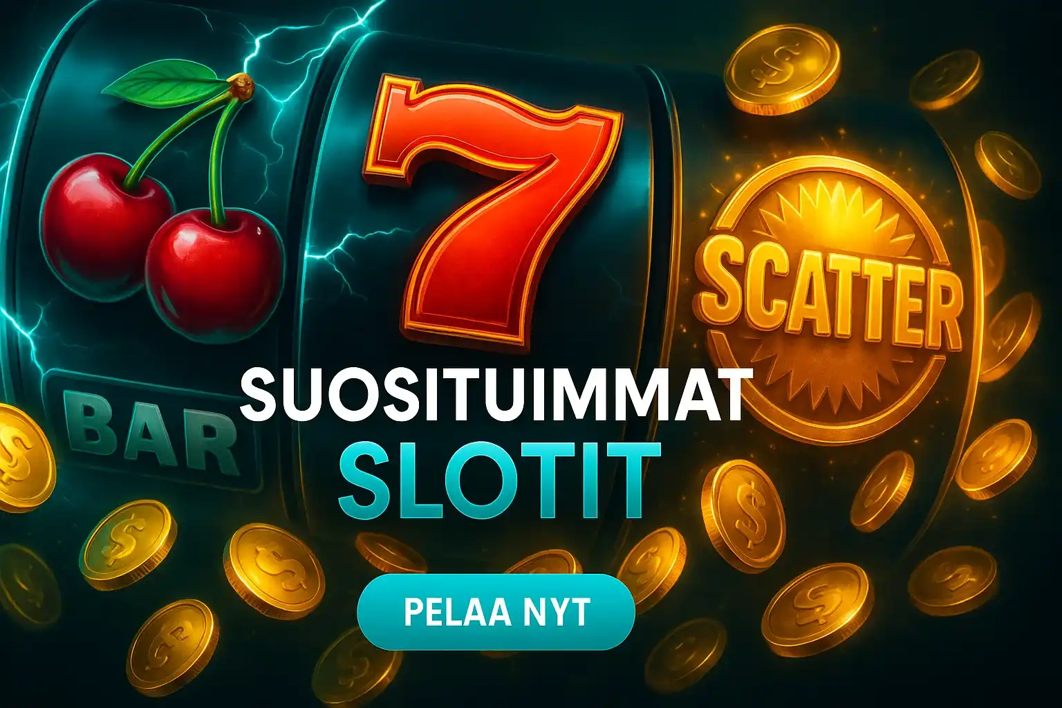 Suosituimmat slotit -kasino banneri, kelat, kolikot ja PELAA NYT -painike