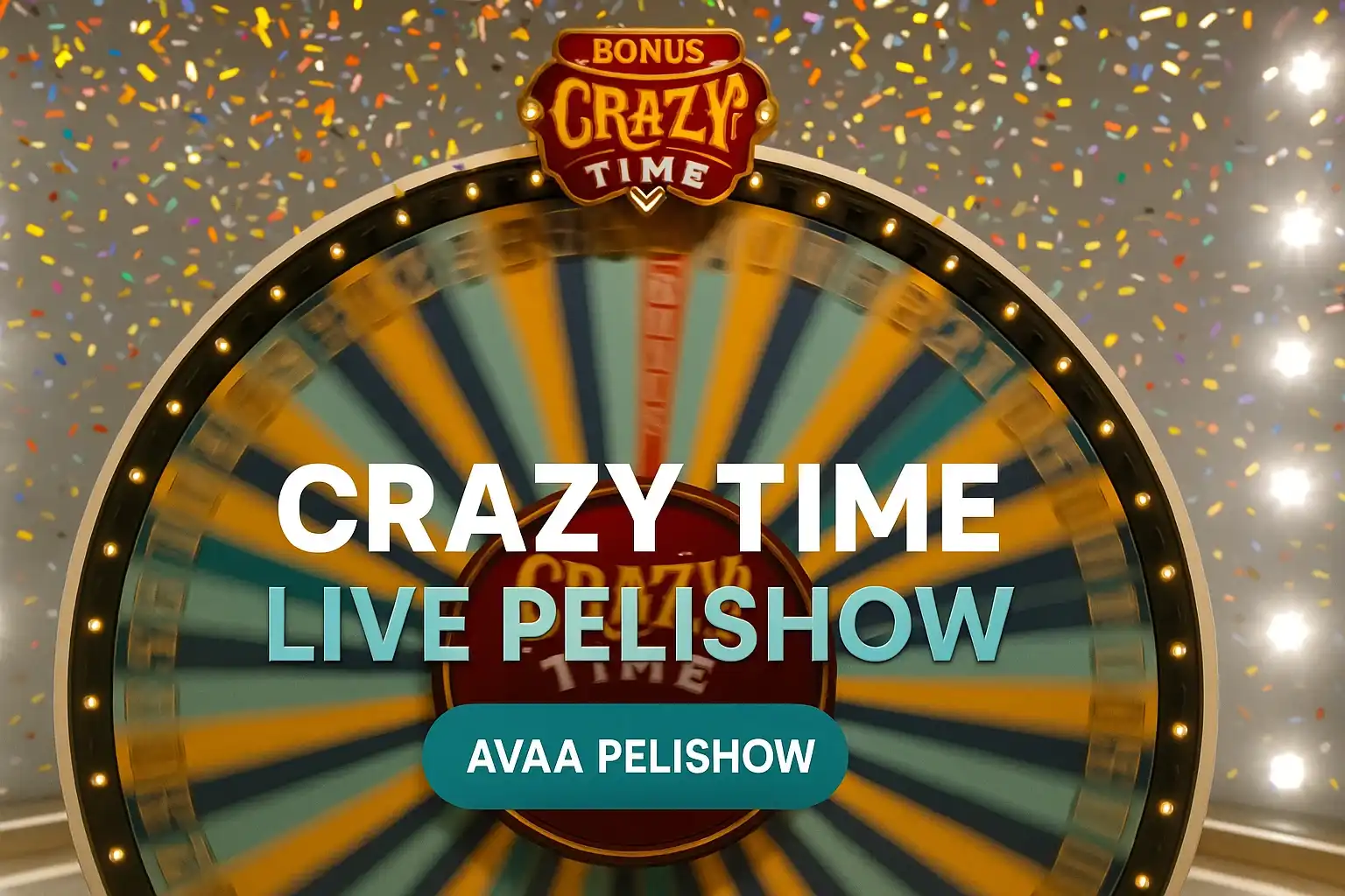 Fotorealistinen live-kasinobanneri, Crazy Time -bonuspyörä ja konfettisade