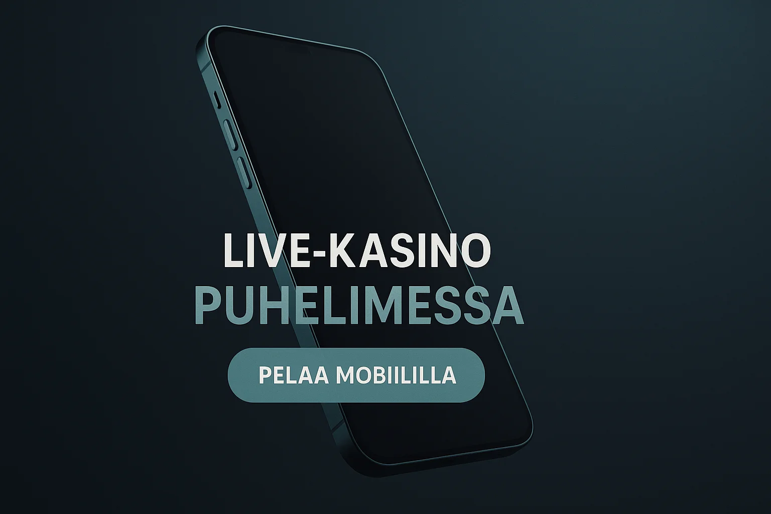 Fotorealistinen suomalainen live-kasinon mobiilibanneri, älypuhelin tummalla taustalla