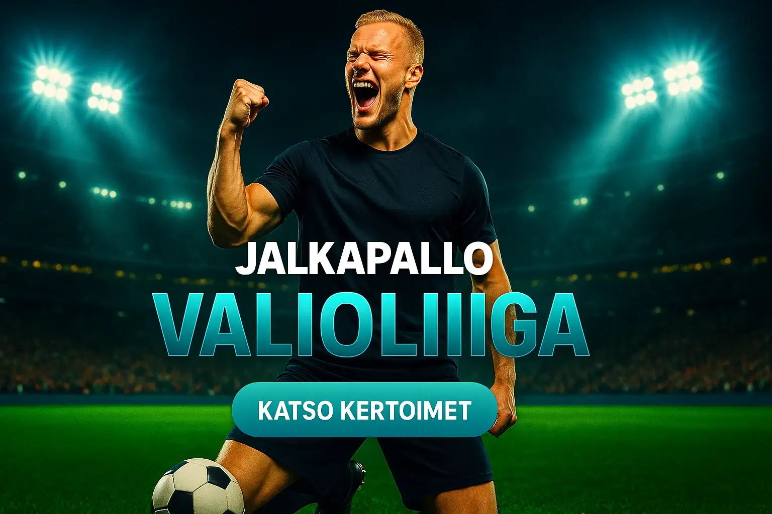 Fotorealistinen suomalainen kasinobanneri, jalkapalloilija stadionilla ja teksti Valioliiga